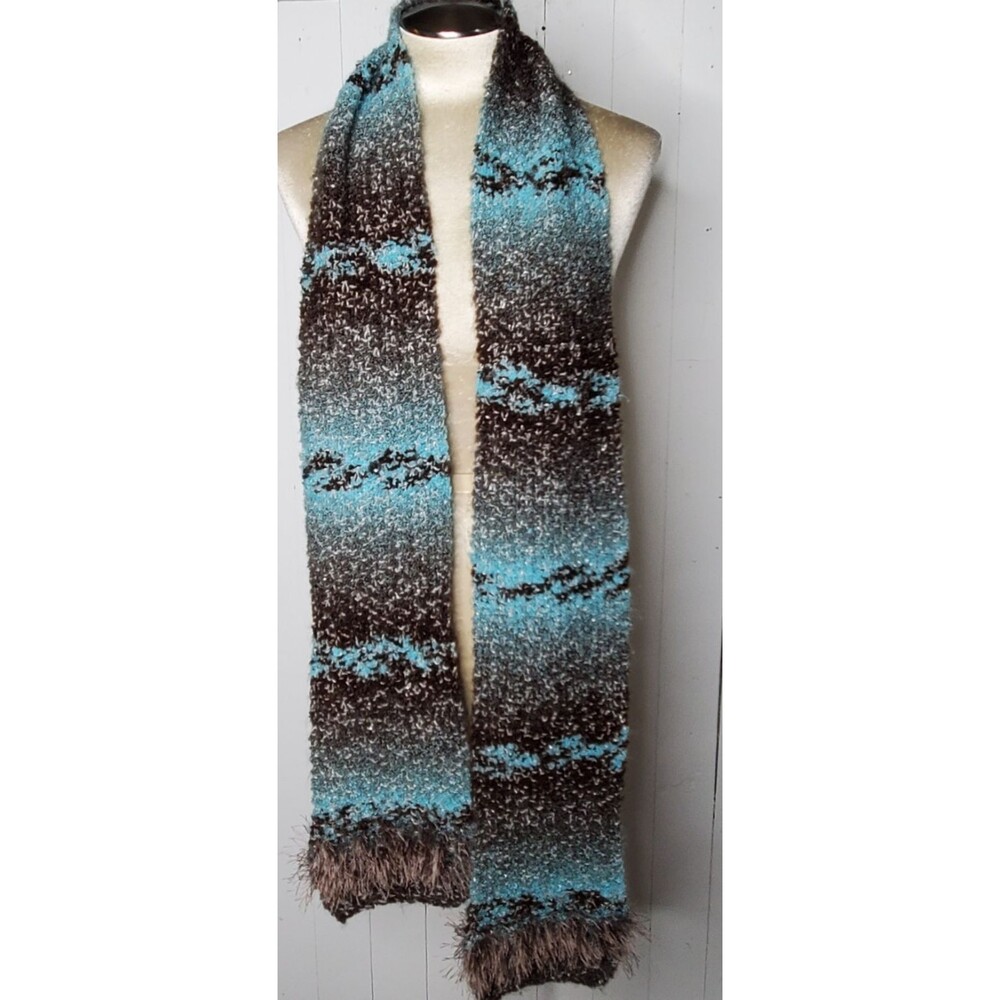 Hand Knit Scarf Brown Blue Silver Varigated 6x70" Faux Fur Yarn Trim Warm Soft